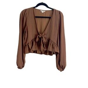 American Eagle Women’s Sz XS Brown Long Sleeve Wrap Tie Ruffle Blouse Top V-neck